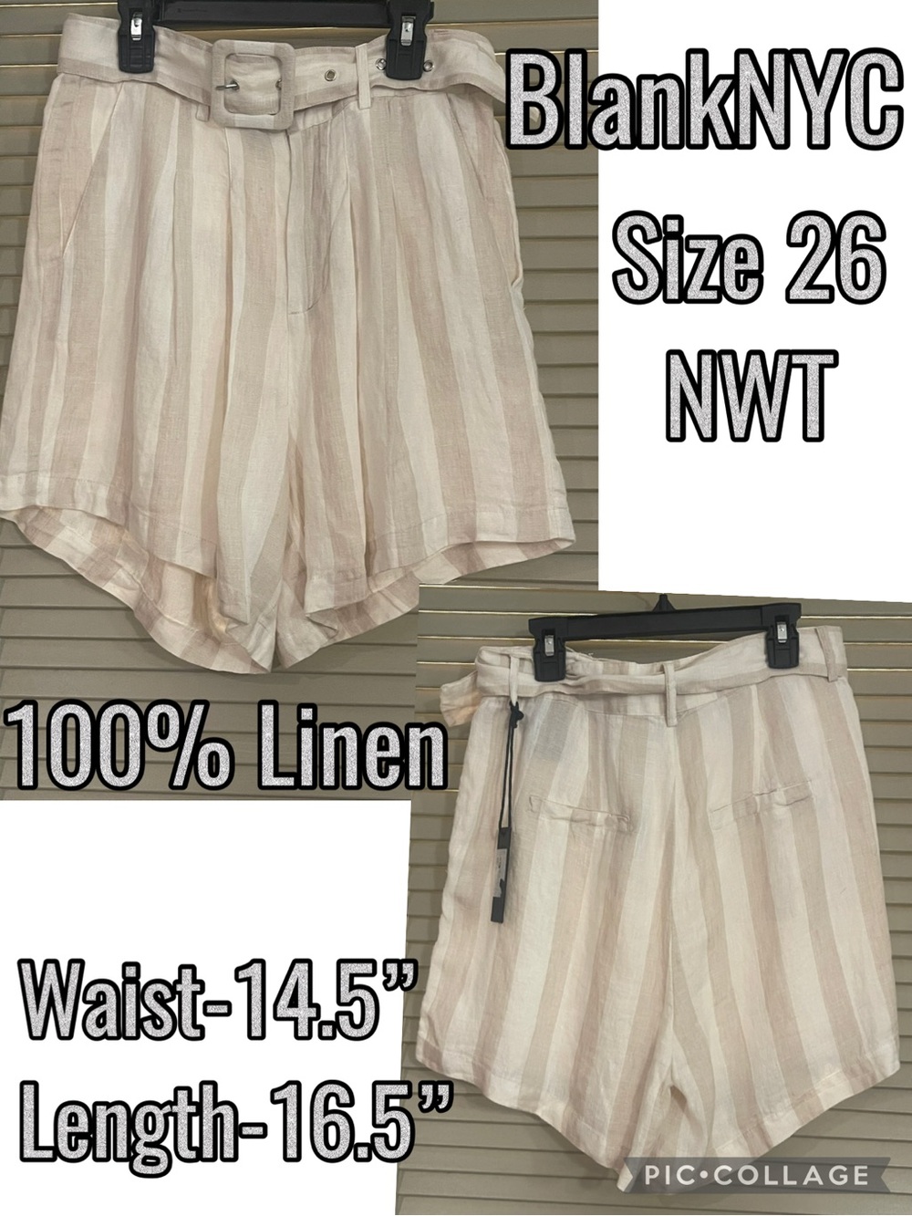 Blank NYC Cream and Beige Striped High Waist Linen Shorts with Belt